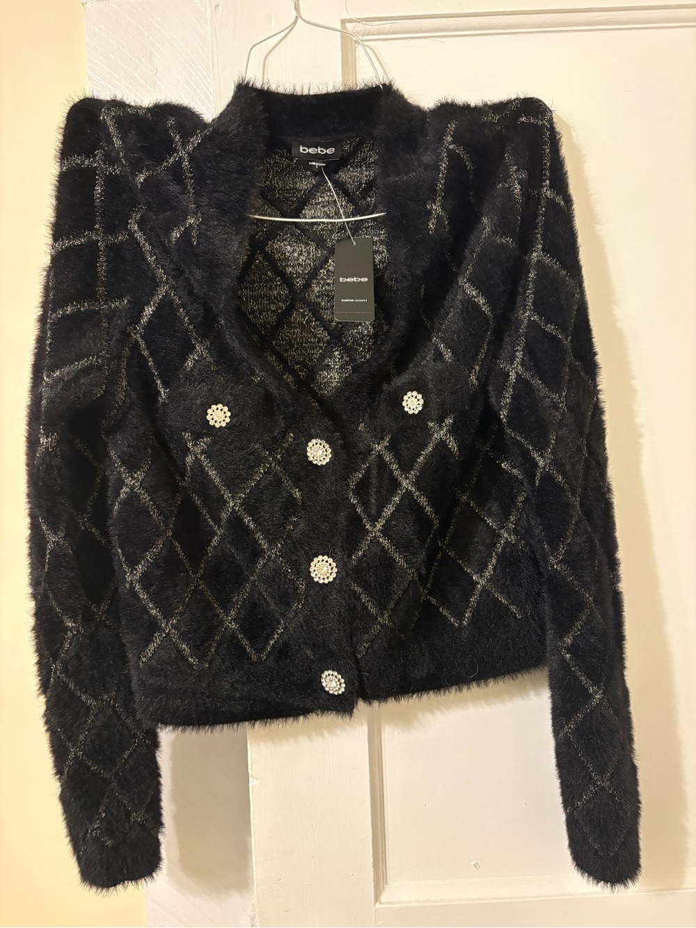 bebe Black Fuzzy Diamond Cardigan with Jewel Buttons and Matching Skirt